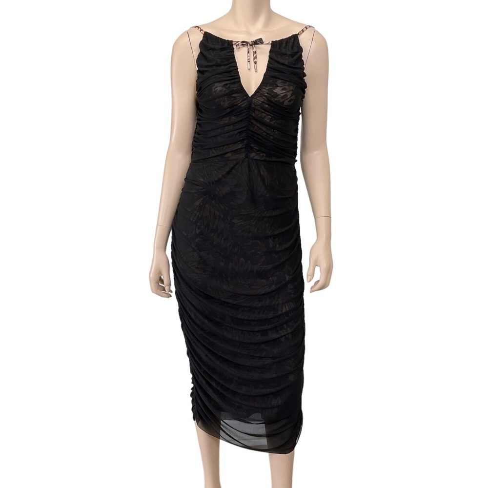 AFRM Dress Women Large Black Sleeveless Ruched Midi Lined V-Neck Tie NWT